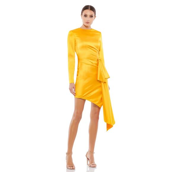 Ieena for Mac Duggal Asymmetrical Draped Long Sleeve Mini Dress - Marigold - 8 - Picture 2 of 10